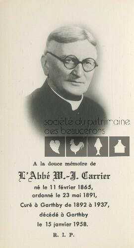 Carte mortuaire de l’abbé M — J. Carrier décédé le 15 janvier 1958