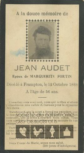 Carte mortuaire de Jean Audet, époux de Marguerite Fortin, décédé le 12 octobre 1888
