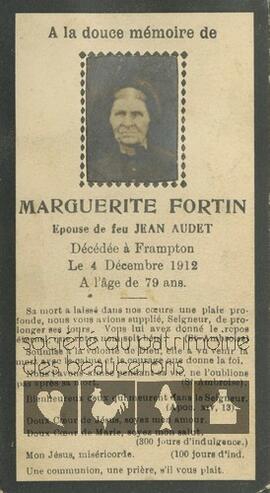 Carte mortuaire de Marguerite Fortin, épouse de Jean Audet, décédée le 4 décembre 1912